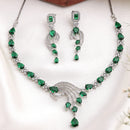 Rhodium Plated Silver Toned Green & White American Diamond Studded Jewellery Set