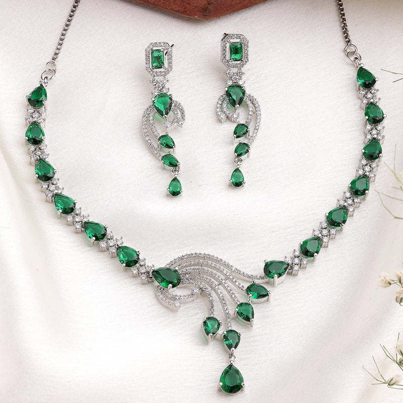 Rhodium Plated Silver Toned Green & White American Diamond Studded Jewellery Set