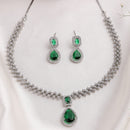 Rhodium Plated Silver Toned Teardrop Shaped Green & White American Diamond Studded Jewellery Set