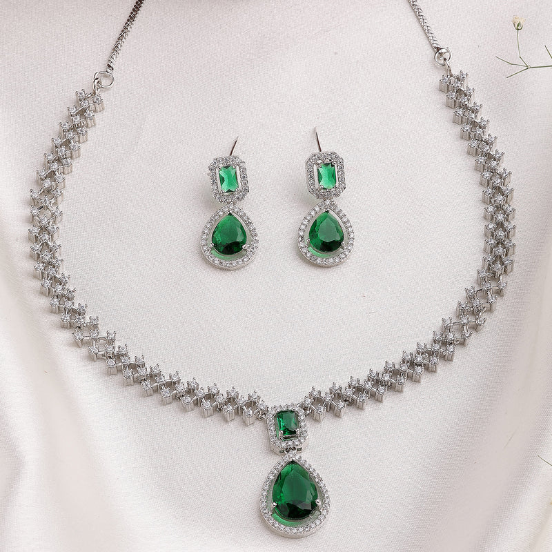 Rhodium Plated Silver Toned Teardrop Shaped Green & White American Diamond Studded Jewellery Set