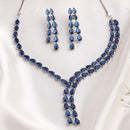 Rhodium Plated Silver Toned Teardrop Shaped Blue American Diamond Studded Jewellery Set