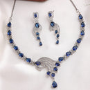 Rhodium Plated Silver Toned Blue & White American Diamond Studded Jewellery Set