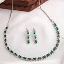 Rhodium Plated Silver Toned Teardrop Shaped Green & White American Diamond Studded Jewellery Set