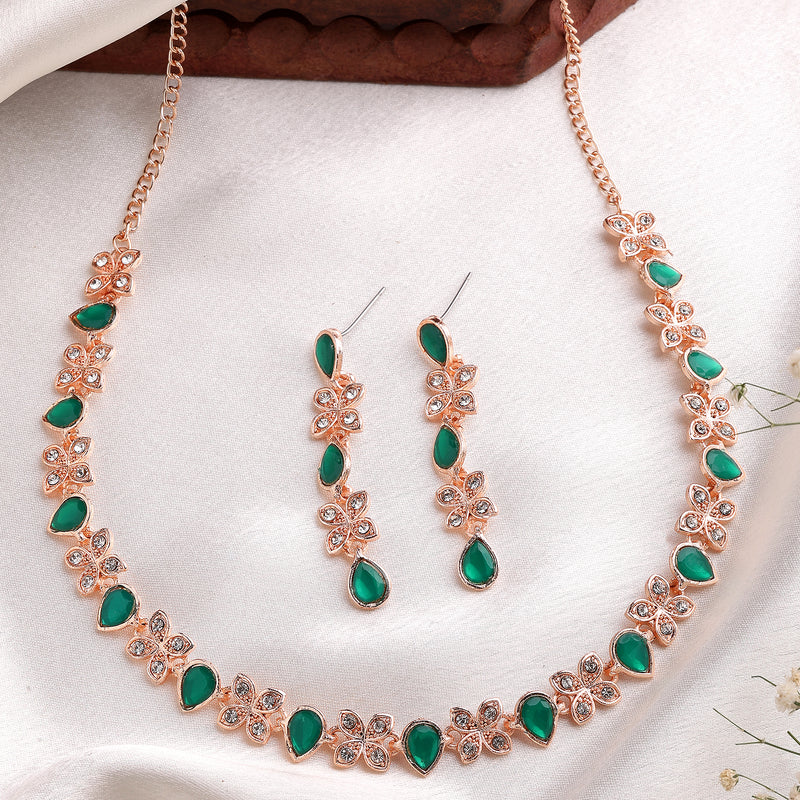 Rose Gold Plated Butterfly Shaped Green Cubic Zirconia Studded Jewellery Set
