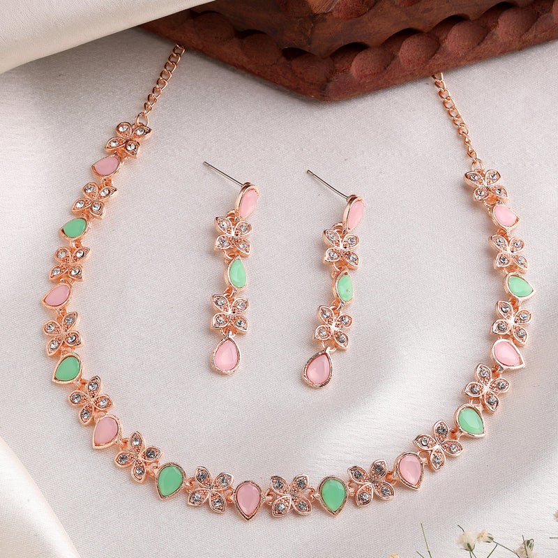 Rose Gold Plated Butterfly Shaped Pink & Mint Green Cubic Zirconia Studded Jewellery Set