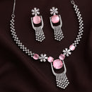 Rhodium Plated Silver Toned Floral Shaped Pink & White American Diamond Studded Jewellery Set