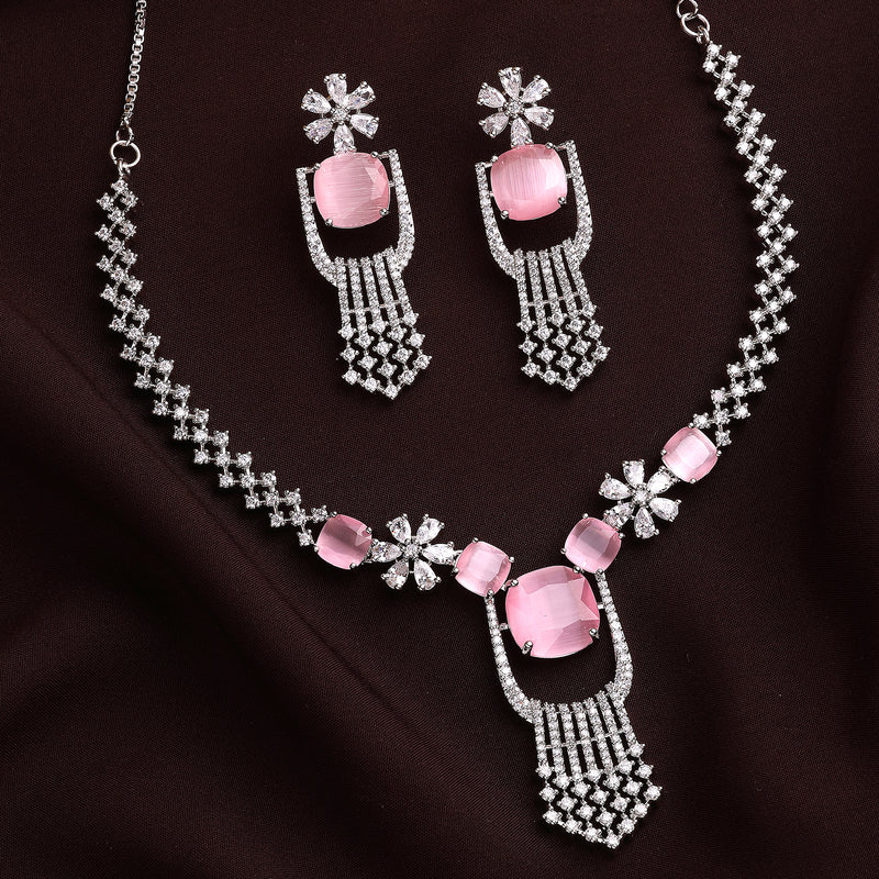 Rhodium Plated Silver Toned Floral Shaped Pink & White American Diamond Studded Jewellery Set
