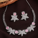 Rhodium Plated Silver Toned Floral Shaped Pink & White American Diamond Studded  Jewellery Set