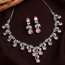 Rhodium Plated Silver Toned Leaf Teardrop Shaped Pink & White American Diamond Studded Jewellery Set