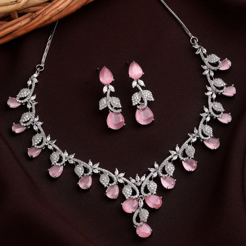 Rhodium Plated Silver Toned Leaf Teardrop Shaped Pink & White American Diamond Studded Jewellery Set