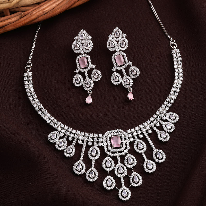 Rhodium Plated Silver Toned Teardrop Shaped Pink & White American Diamond Studded Jewellery Set