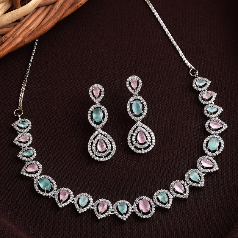 Rhodium Plated Silver Toned Teardrop Shaped Pink & Sea Green American Diamond Studded Jewellery Set