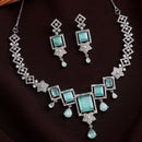 Rhodium Plated Silver Toned Rectangular Shaped Sea Green & White American Diamond Studded Jewellery Set