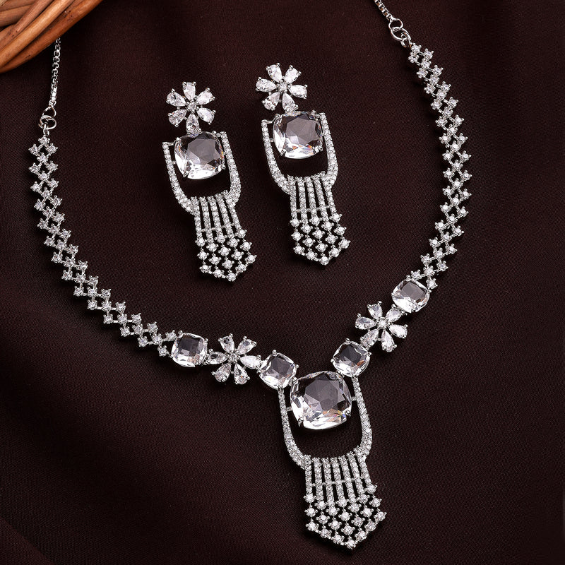 Rhodium Plated Silver Toned White American Diamond Studded Jewellery Set