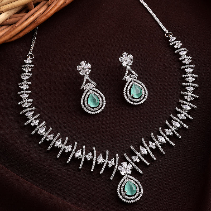 Rhodium Plated Silver Toned Teardrop Shaped Green & White American Diamond Studded Jewellery Set