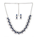 Sapphire Blue Silver Toned Brass Floral Marquise Necklace Set for Women