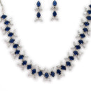 Sapphire Blue Silver Toned Brass Floral Marquise Necklace Set for Women