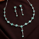Rhodium Plated Silver Toned Circle Shaped Sea Green American Diamond Studded Jewellery Set