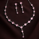 Rhodium Plated Silver Toned Circle Shaped Pink American Diamond Studded Jewellery Set