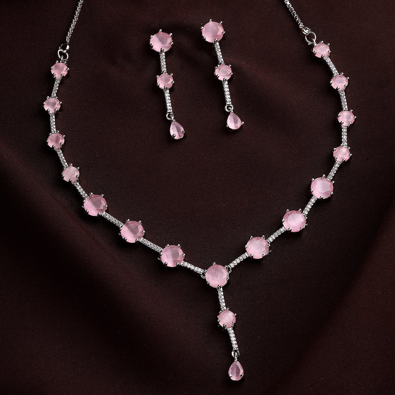 Rhodium Plated Silver Toned Circle Shaped Pink American Diamond Studded Jewellery Set