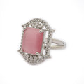 Silver-toned Ruby Magenta Cut Crystal Statement Ring for Women