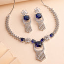 Rhodium Plated Silver Toned Floral Shaped Blue & White American Diamond Studded Jewellery Set