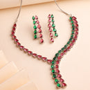 Rhodium Plated Silver Toned Teardrop Shaped Red & Green American Diamond Studded Jewellery Set