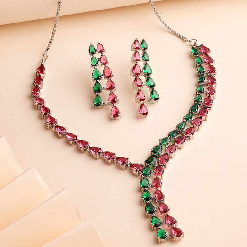 Rhodium Plated Silver Toned Teardrop Shaped Red & Green American Diamond Studded Jewellery Set