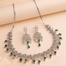 Rhodium Plated Silver Toned Green & White American Diamond Studded Jewellery Set