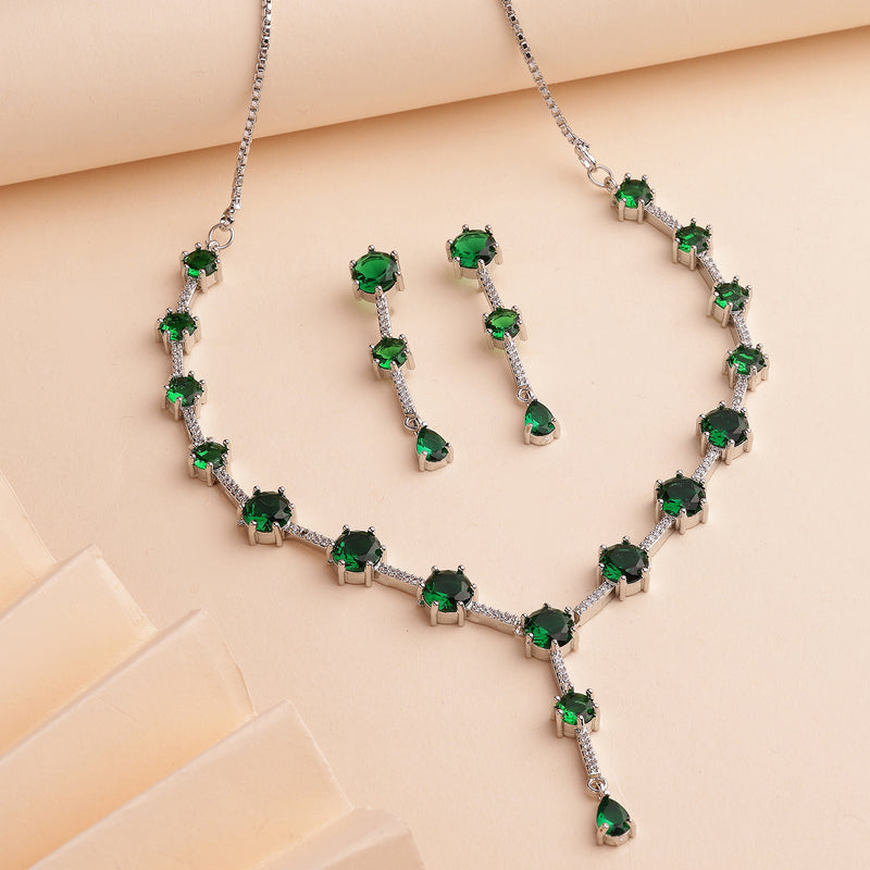 Rhodium Plated Silver Toned Circle Shaped Green American Diamond Studded Jewellery Set