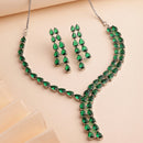 Rhodium Plated Silver Toned Teardrop Shaped Green American Diamond Studded Jewellery Set