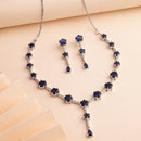 Rhodium Plated Silver Toned Circle Shaped Blue American Diamond Studded Jewellery Set