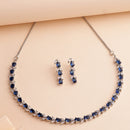 Rhodium Plated Silver Toned Teardrop Shaped Blue & White American Diamond Studded Jewellery Set