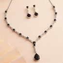Rhodium Plated Silver Toned Teardrop Shaped Black & White American Diamond Studded Jewellery Set