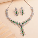Rhodium Plated Silver Toned Leaf Shaped Green & White American Diamond Studded Necklace With Earrings Jewellery Set