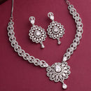Rhodium Plated Silver Toned Ornate Shaped White American Diamond Studded Jewellery Set