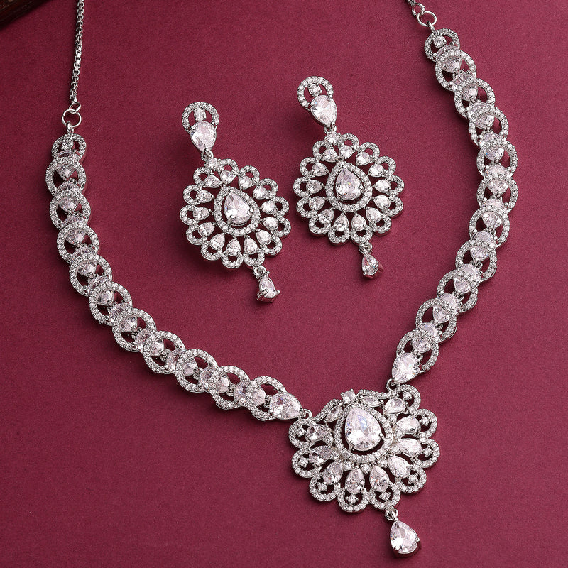Rhodium Plated Silver Toned Ornate Shaped White American Diamond Studded Jewellery Set
