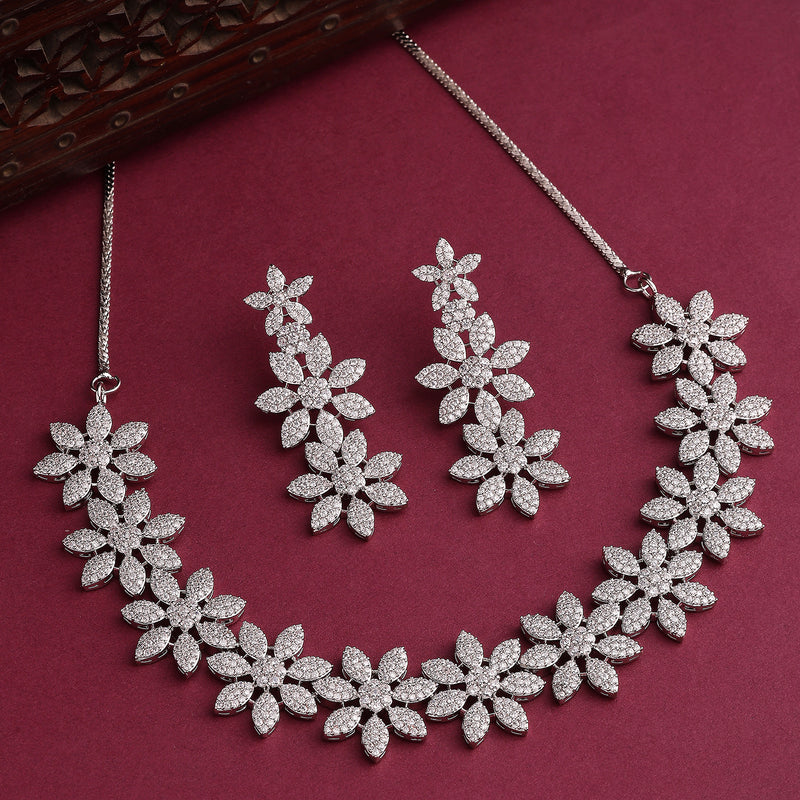 Rhodium Plated Silver Toned Floral Shaped White American Diamond Studded Jewellery Set