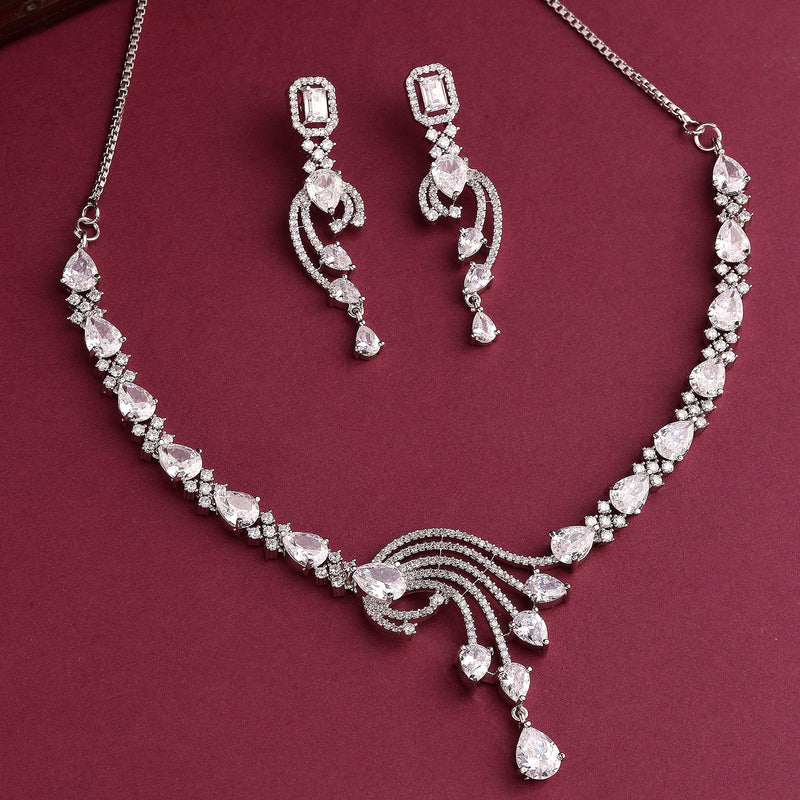 Rhodium Plated Silver Toned White American Diamond Studded Jewellery Set