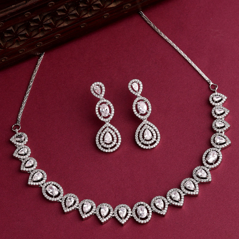 Rhodium Plated Silver Toned Teardrop Shaped White American Diamond Studded Jewellery Set