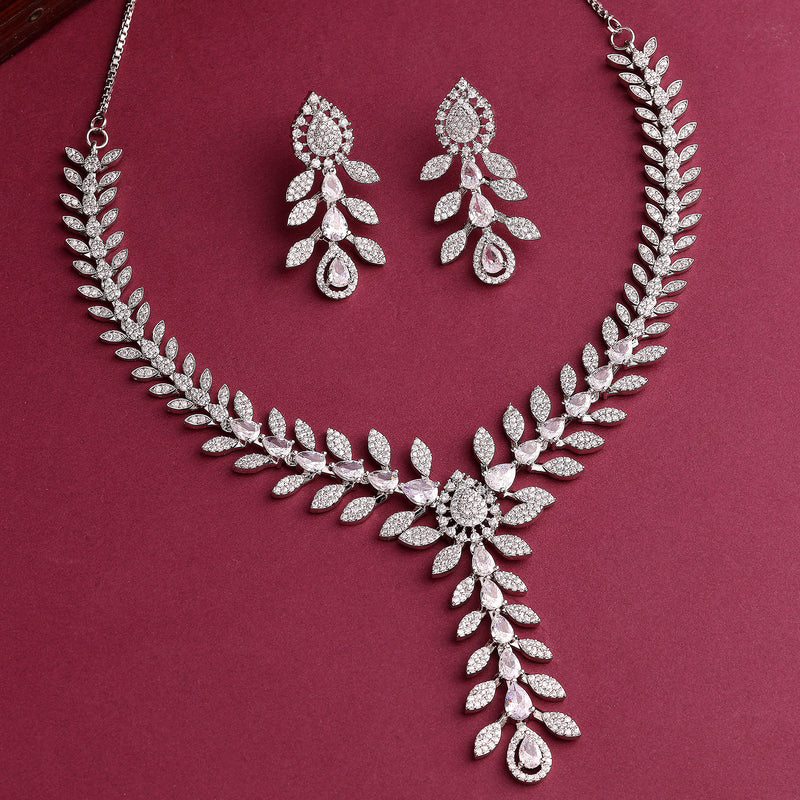 Rhodium Plated Silver Toned Leaf Shaped White American Diamond Studded Jewellery Set