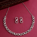 Rhodium Plated Silver Toned Infinity Shaped White American Diamond Studded Necklace With Earrings Jewellery