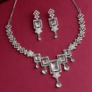 Rhodium Plated Silver Toned Rectangular Shaped White American Diamond Studded Jewellery Set