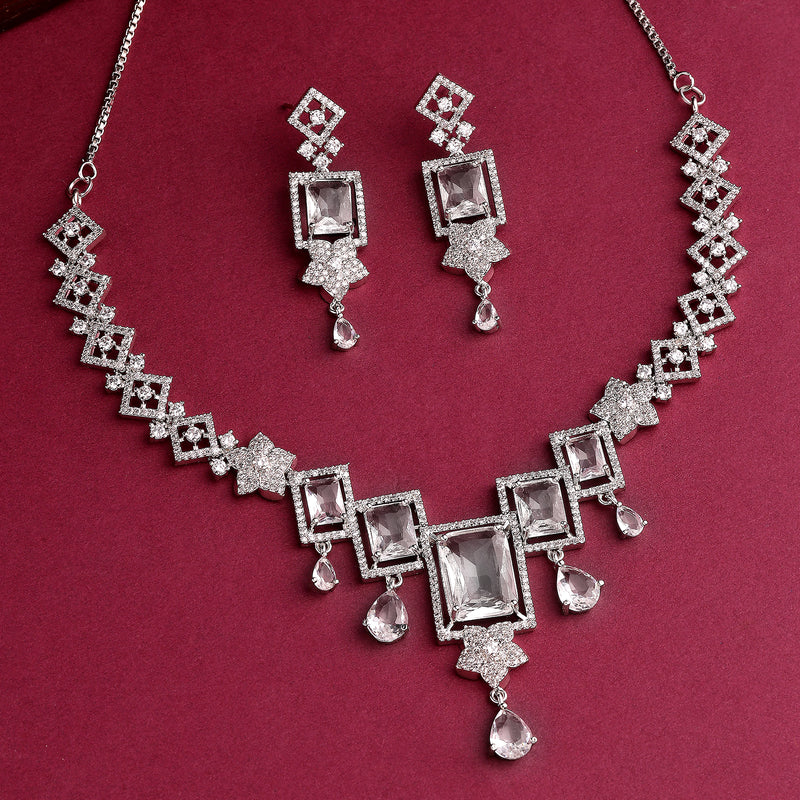 Rhodium Plated Silver Toned Rectangular Shaped White American Diamond Studded Jewellery Set
