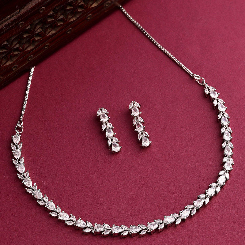 Rhodium Plated Silver Toned Teardrop Shaped White American Diamond Studded Jewellery Set