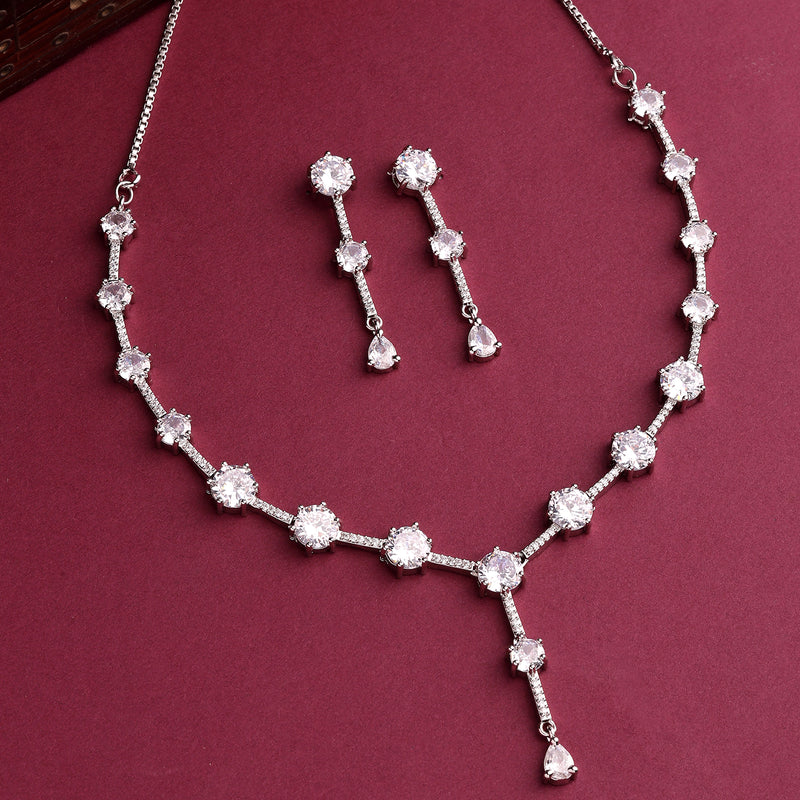 Rhodium Plated Silver Toned Circle Shaped White American Diamond Studded Jewellery Set