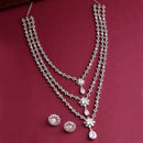 Rhodium Plated Silver Toned White American Diamond Studded Multi Layered Necklace With Earrings Jewellery Set