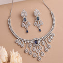 Rhodium Plated Silver Toned Teardrop Shaped Blue & White American Diamond Studded Jewellery Set