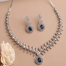 Rhodium Plated Silver Toned Teardrop Shaped Navy Blue & White American Diamond Studded Jewellery Set