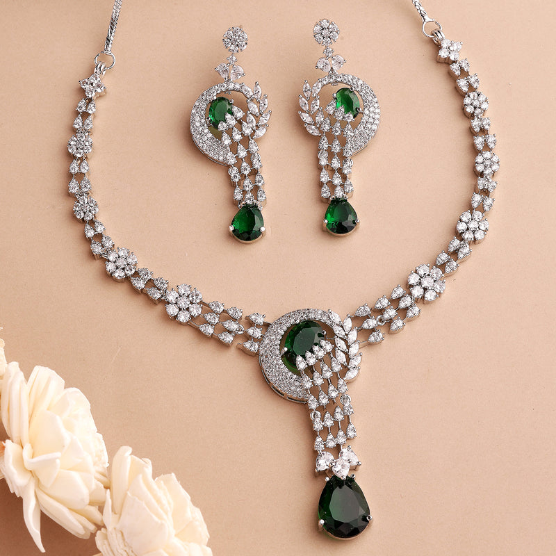 Rhodium Plated Silver Toned Teardrop Leaf Shaped Green & White American Diamond StuddedJewellery Set